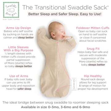 SwaddleDesigns Transitional Swaddle Sack with Arms Up Half-Length Sleeves and Mitten Cuffs, Small, 0...