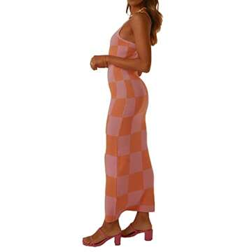 Low Cut Ribbed Knit Long Bodycon Sling Dress Sleeveless Spaghetti Straps Night Club Party Maxi Dress for Women (Knit Dress Plaid Pink, M)