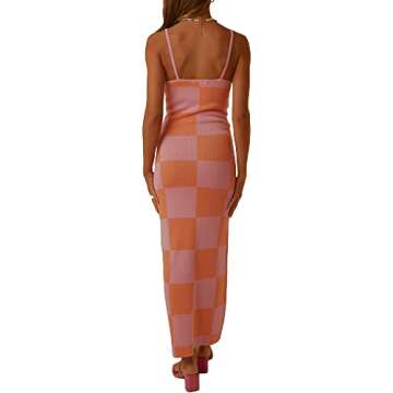 Low Cut Ribbed Knit Long Bodycon Sling Dress Sleeveless Spaghetti Straps Night Club Party Maxi Dress for Women (Knit Dress Plaid Pink, M)