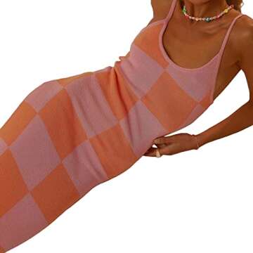 Low Cut Ribbed Knit Long Bodycon Sling Dress Sleeveless Spaghetti Straps Night Club Party Maxi Dress for Women (Knit Dress Plaid Pink, M)