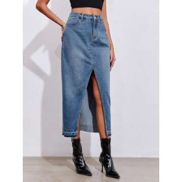 Fisoew Women's Long Denim Maxi Skirts High Waisted Frayed Hem Western Split Jean Skirt Streetwear