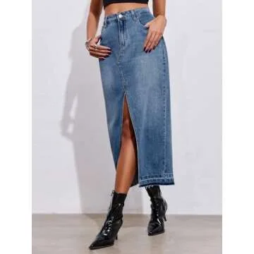 Fisoew Women's Long Denim Maxi Skirts High Waisted Frayed Hem Western Split Jean Skirt Streetwear