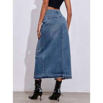 Fisoew Women's Long Denim Maxi Skirts High Waisted Frayed Hem Western Split Jean Skirt Streetwear