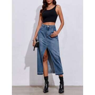 Fisoew Women's Long Denim Maxi Skirts High Waisted Frayed Hem Western Split Jean Skirt Streetwear