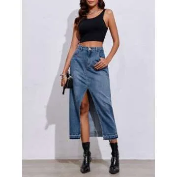 Fisoew Women's Long Denim Maxi Skirts High Waisted Frayed Hem Western Split Jean Skirt Streetwear