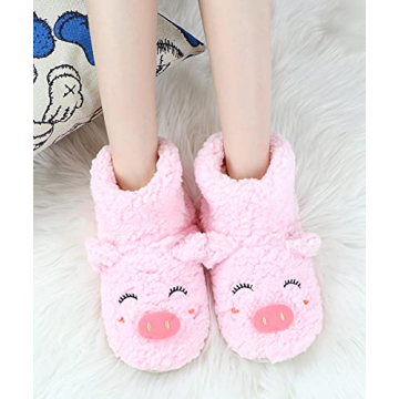 Panda Bros Slipper Socks for Women Cozy Warm Lined Fuzzy Sock Slippers Indoor Booties with Non Slip Grippers(pink pig,8-10)
