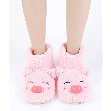 Panda Bros Slipper Socks for Women Cozy Warm Lined Fuzzy Sock Slippers Indoor Booties with Non Slip Grippers(pink pig,8-10)