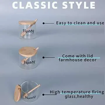 Clear Small Glass Honey Jar with Dipper and Lid, Farmhouse Honey Pot Kitchen Countertop Canisters, Honey Container Jar Dispenser Holder for home kitchen,12 oz