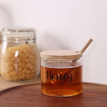 Clear Small Glass Honey Jar with Dipper and Lid, Farmhouse Honey Pot Kitchen Countertop Canisters, Honey Container Jar Dispenser Holder for home kitchen,12 oz