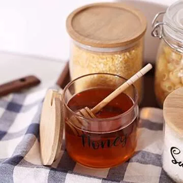 Clear Small Glass Honey Jar with Dipper and Lid, Farmhouse Honey Pot Kitchen Countertop Canisters, Honey Container Jar Dispenser Holder for home kitchen,12 oz