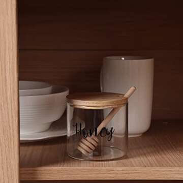 Clear Small Glass Honey Jar with Dipper and Lid, Farmhouse Honey Pot Kitchen Countertop Canisters, Honey Container Jar Dispenser Holder for home kitchen,12 oz