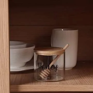 Clear Small Glass Honey Jar with Dipper and Lid, Farmhouse Honey Pot Kitchen Countertop Canisters, Honey Container Jar Dispenser Holder for home kitchen,12 oz