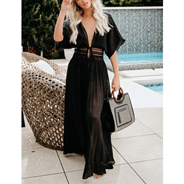 Bsubseach Beach Coverup for Women Bathing Suit Long Coverups Lace Kimonos Bikini Swimsuit Resort Wear Summer Black