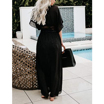 Bsubseach Beach Coverup for Women Bathing Suit Long Coverups Lace Kimonos Bikini Swimsuit Resort Wear Summer Black