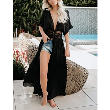 Bsubseach Beach Coverup for Women Bathing Suit Long Coverups Lace Kimonos Bikini Swimsuit Resort Wear Summer Black