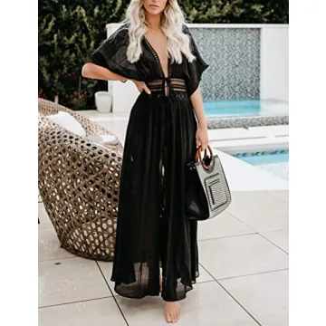 Bsubseach Beach Coverup for Women Bathing Suit Long Coverups Lace Kimonos Bikini Swimsuit Resort Wear Summer Black
