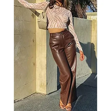 Hongskye Women Faux Leather High Waist Slim Fit Pants