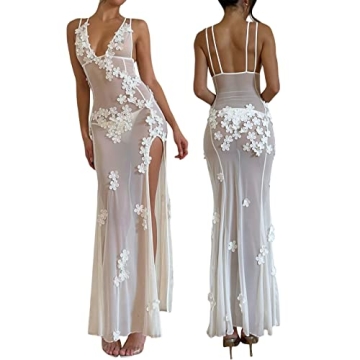 3D Floral Maxi Dresses for Women - Sexy Low Cut Bodycon Split Dress Backless See Through Mesh Sheer ...