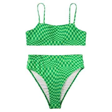 MOSHENGQI Women High Waisted High Cut Bikini Push Up Bandeau Swimsuits (S, Neon Green Gingham)