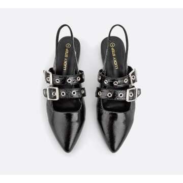LUCKY STEP Women's Slingback Buckle Flats Ballet Poninted Toe Block Heel Dress Adjustable Strap Mary...