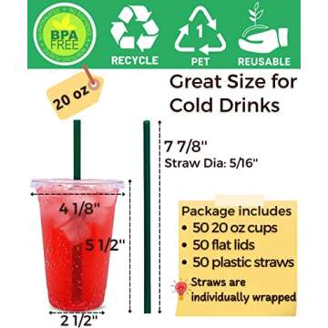 Aatriet 50 Sets 20 oz Clear Plastic Cups with Lids and Straws - Perfect for On-the-Go Drinks