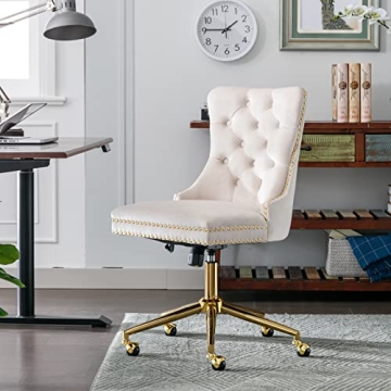 Stylish Beige Velvet Armless Office Chair with Wheels and Adjustable Height