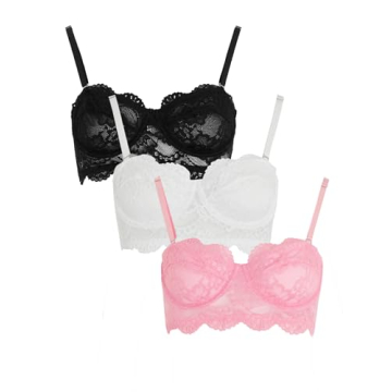 MakeMeChic Women's Spaghetti Strap Crop Cami Top Floral Lace Underwire Push Up Bra 3 Pack Bralettes ...