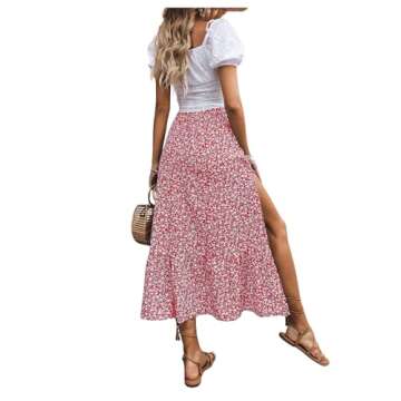 SweatyRocks Women's Casual High Waist Floral Print Skirt Split Thigh A Line Maxi Skirts Red White S