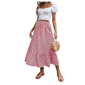 SweatyRocks Women's Casual High Waist Floral Print Skirt Split Thigh A Line Maxi Skirts Red White S
