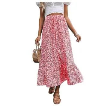 SweatyRocks Women's Casual High Waist Floral Print Skirt Split Thigh A Line Maxi Skirts Red White S