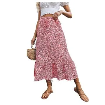 SweatyRocks Women's Casual High Waist Floral Print Skirt Split Thigh A Line Maxi Skirts Red White S