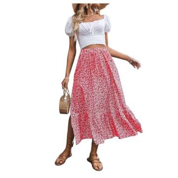 SweatyRocks Women's Casual High Waist Floral Print Skirt Split Thigh A Line Maxi Skirts Red White S
