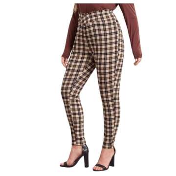 Floerns Women's Plus Size Plaid Pants Leggings Stretchy Elastic Waist Work Skinny Pants Brown Multi 4XL