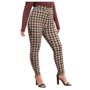 Floerns Women's Plus Size Plaid Pants Leggings Stretchy Elastic Waist Work Skinny Pants Brown Multi 4XL