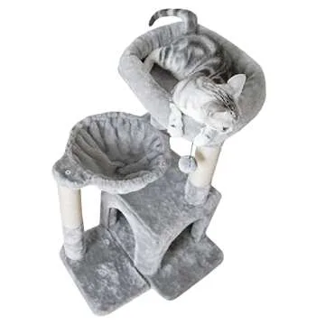 Pesofer Cat Tree, Small Cat Tower with Sisal Scratching Post and Hammock Light Gray
