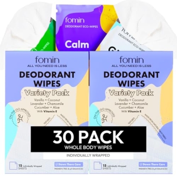 FOMIN Travel Deodorant Wipes - 30 Count Variety Pack - pH Balanced, Hypoallergenic Mini Wipes for Ev...