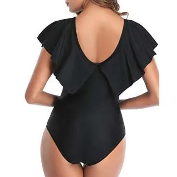 Tempt Me Women Black Ruffle One Piece Swimsuit Flounce Sleeve Swimwear V Neck Tummy Control Bathing ...