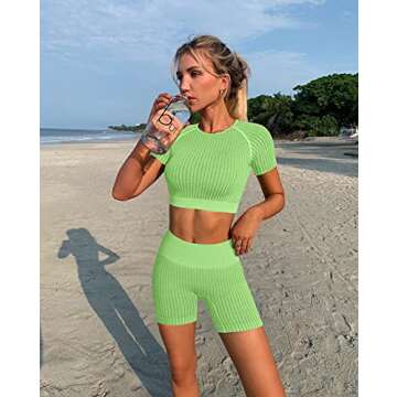OYS Women's Seamless Workout Set 2 Piece High Waisted Yoga Gym Shorts Outfits Running Active Crop Top Clothes Lightgreen