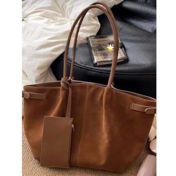 Suede Brown Bag, Medium Suede Tote Bag for Women, Office Work Suede Handbags Vintage Shoulder Purse Everyday Tote