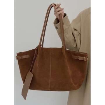 Suede Brown Bag, Medium Suede Tote Bag for Women, Office Work Suede Handbags Vintage Shoulder Purse Everyday Tote