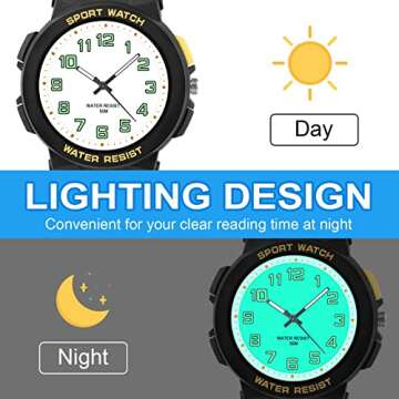 Juboos Kid's Analog Watch for Boys and Girls, Outdoor Sports 5 ATM/ 50M Waterproof Childrens Watch with Light, Easy-to-Read Time Teaching Large Dial
