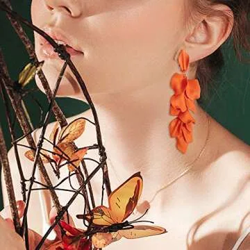 Just Follow Long Acrylic Rose Petal Earrings Dangle Exaggerated Flower Earrings Drop Statement Floral Tassel Earrings for Women (Long Acrylic Rose Petal Earrings-Orange)
