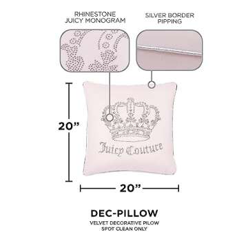Juicy Couture - Decorative Accent Pillow, Velvet Rhinestone Crown, Premium Reversible Throw Pillow, Living Room and Bedroom Décor, Measures 20" x 20", Pink Blush