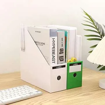 Foldable Desk File Holder Organizer Sturdy Cardboard Magazine Storage Box Document Rack with Blank Label Stickers for Home School Office (15, Multicolor)