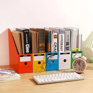 Foldable Desk File Holder Organizer Sturdy Cardboard Magazine Storage Box Document Rack with Blank Label Stickers for Home School Office (15, Multicolor)