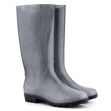 KomForme Women’ s Knee High Waterproof Rain Boots Glitter, Matte and Gradient (Glitter Black, 6)
