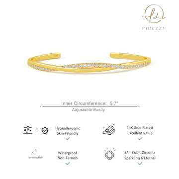 Picuzzy Gold Cuff Bracelets for Women Trendy 14k Gold Plated Bangle Bracelets for Women Non Tarnish Dainty Gold Bangles Cubic Zirconia Adjustable Wave Bracelet Fashion Jewelry Gift for Women