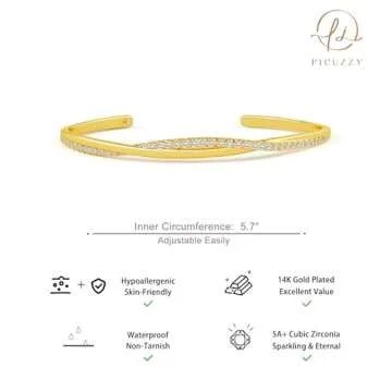 Picuzzy Gold Cuff Bracelets for Women Trendy 14k Gold Plated Bangle Bracelets for Women Non Tarnish Dainty Gold Bangles Cubic Zirconia Adjustable Wave Bracelet Fashion Jewelry Gift for Women