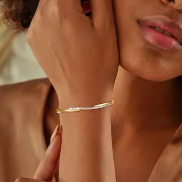 Picuzzy Gold Cuff Bracelets for Women Trendy 14k Gold Plated Bangle Bracelets for Women Non Tarnish Dainty Gold Bangles Cubic Zirconia Adjustable Wave Bracelet Fashion Jewelry Gift for Women