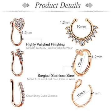 JFORYOU 6Pcs Fake Nose Rings, 16G Stainless Steel Inlaid CZ Faux Piercing Jewelry, Spring Clip on Ci...